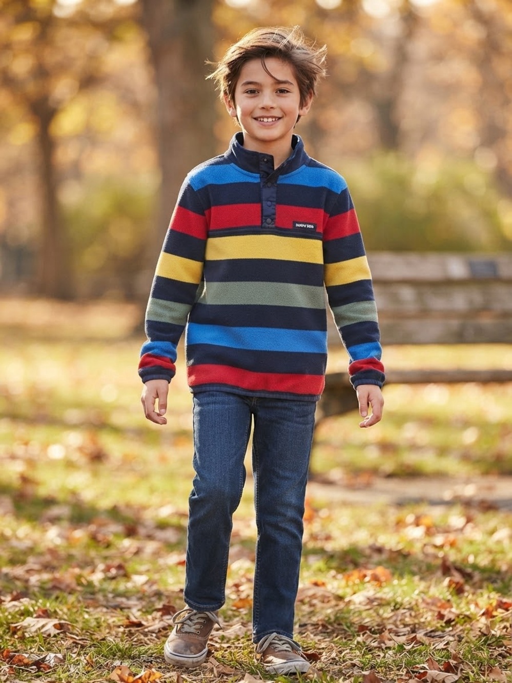Lands' End Colorful Striped Fleece Pullover Snap Collar Boys Size Medium 10-12